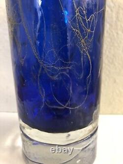 Art glass Handblown Heavy Cobalt blue glass vase cylinder golden silver 8 H