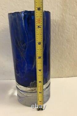 Art glass Handblown Heavy Cobalt blue glass vase cylinder golden silver 8 H