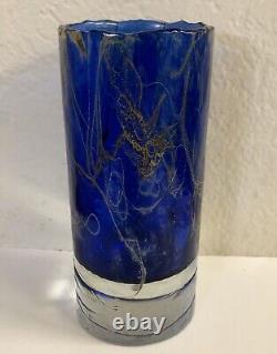 Art glass Handblown Heavy Cobalt blue glass vase cylinder golden silver 8 H