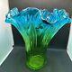 Art glass hand blown 11 in ruffled top green & blue vase