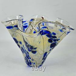 Artist Signed Hand Blown Handkerchief Wavy Glass Vase w cobalt pattern