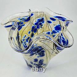 Artist Signed Hand Blown Handkerchief Wavy Glass Vase w cobalt pattern