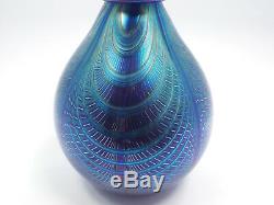 Artist Signed Pulled Peacock Feather Blue Iridescent Art Glass Vase, 5 3/4