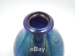 Artist Signed Pulled Peacock Feather Blue Iridescent Art Glass Vase, 5 3/4