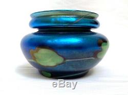 Authentic L C Tiffany Favrile Blue Iridescent Pulled Leaf Lily Pad Glass Vase