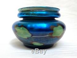 Authentic L C Tiffany Favrile Blue Iridescent Pulled Leaf Lily Pad Glass Vase