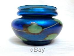 Authentic L C Tiffany Favrile Blue Iridescent Pulled Leaf Lily Pad Glass Vase