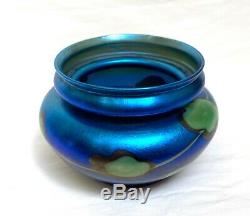 Authentic L C Tiffany Favrile Blue Iridescent Pulled Leaf Lily Pad Glass Vase
