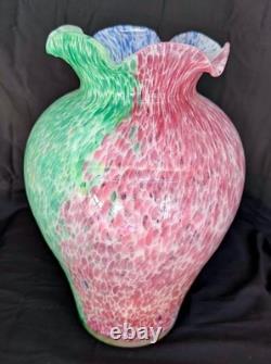 Authentic Lavorazione Murano Arte 14 Blue Green Pink Ruffle Centerpiece Vase