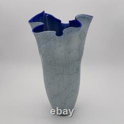 Authentic Vintage Krosno Jozefina Large 16.5 Blue Fluted Polish Art Glass Vase