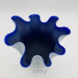 Authentic Vintage Krosno Jozefina Large 16.5 Blue Fluted Polish Art Glass Vase