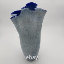 Authentic Vintage Krosno Jozefina Large 16.5 Blue Fluted Polish Art Glass Vase