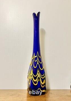 Azerbaijan Glassware 17 3/4 Tall Vase Cobalt Blue Orange Drip Glass Vintage Art