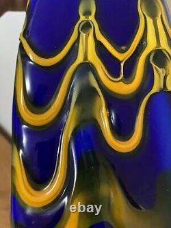Azerbaijan Glassware 17 3/4 Tall Vase Cobalt Blue Orange Drip Glass Vintage Art
