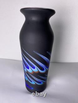 Azerbaijan Studio Art Glass Vase 13 Black Cobalt Pulled Feather