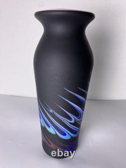 Azerbaijan Studio Art Glass Vase 13 Black Cobalt Pulled Feather