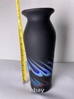 Azerbaijan Studio Art Glass Vase 13 Black Cobalt Pulled Feather