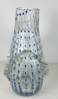 BAROVIER & TOSO Murano STYLE Art Glass 13½ Clear WithBlue Dots Vase Ruffle