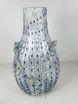 BAROVIER & TOSO Murano STYLE Art Glass 13½ Clear WithBlue Dots Vase Ruffle