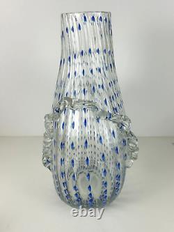 BAROVIER & TOSO Murano STYLE Art Glass 13½ Clear WithBlue Dots Vase Ruffle