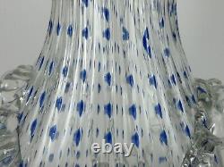 BAROVIER & TOSO Murano STYLE Art Glass 13½ Clear WithBlue Dots Vase Ruffle