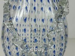 BAROVIER & TOSO Murano STYLE Art Glass 13½ Clear WithBlue Dots Vase Ruffle