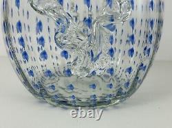 BAROVIER & TOSO Murano STYLE Art Glass 13½ Clear WithBlue Dots Vase Ruffle