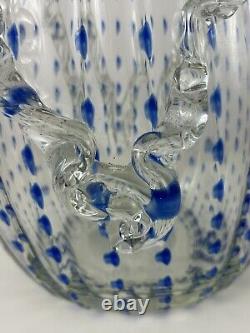 BAROVIER & TOSO Murano STYLE Art Glass 13½ Clear WithBlue Dots Vase Ruffle