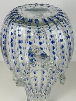 BAROVIER & TOSO Murano STYLE Art Glass 13½ Clear WithBlue Dots Vase Ruffle