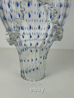 BAROVIER & TOSO Murano STYLE Art Glass 13½ Clear WithBlue Dots Vase Ruffle