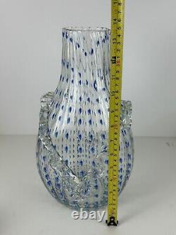 BAROVIER & TOSO Murano STYLE Art Glass 13½ Clear WithBlue Dots Vase Ruffle