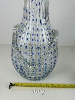 BAROVIER & TOSO Murano STYLE Art Glass 13½ Clear WithBlue Dots Vase Ruffle Middle