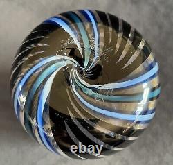 BEAUTIFUL Hand Blown Blue & Black Ribbon Swirl Studio Art Glass Vase SIGNED 2010
