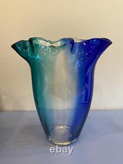 BEAUTIFUL LARGE VTG Cobalt Blue & Aqua Blue Ruffled Rim Art Glass Vase 15H