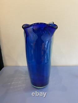 BEAUTIFUL LARGE VTG Cobalt Blue & Aqua Blue Ruffled Rim Art Glass Vase 15H