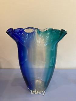 BEAUTIFUL LARGE VTG Cobalt Blue & Aqua Blue Ruffled Rim Art Glass Vase 15H