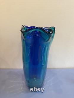 BEAUTIFUL LARGE VTG Cobalt Blue & Aqua Blue Ruffled Rim Art Glass Vase 15H