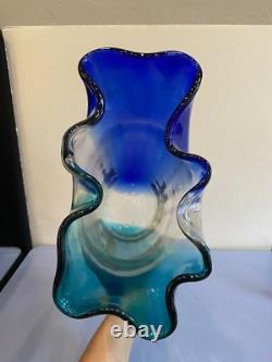 BEAUTIFUL LARGE VTG Cobalt Blue & Aqua Blue Ruffled Rim Art Glass Vase 15H