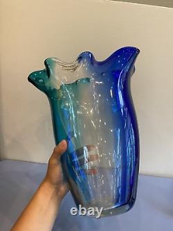 BEAUTIFUL LARGE VTG Cobalt Blue & Aqua Blue Ruffled Rim Art Glass Vase 15H
