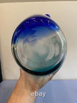 BEAUTIFUL LARGE VTG Cobalt Blue & Aqua Blue Ruffled Rim Art Glass Vase 15H