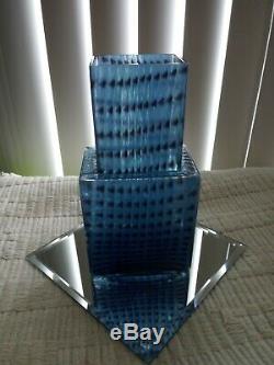 BERTIL VALLIEN. SIGNED Vase, Glass, Metropolis, Kosta Boda Blue Skyscraper