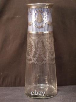 BIG Antique Heisey Blue Sterling Overlay Decorated Cut Etched Glass Flower Vase