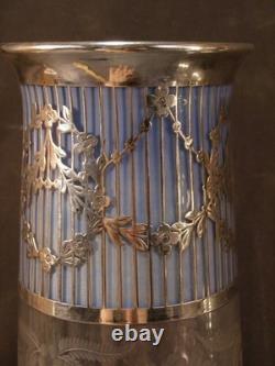 BIG Antique Heisey Blue Sterling Overlay Decorated Cut Etched Glass Flower Vase