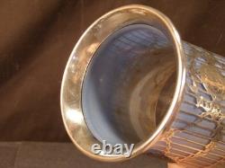 BIG Antique Heisey Blue Sterling Overlay Decorated Cut Etched Glass Flower Vase