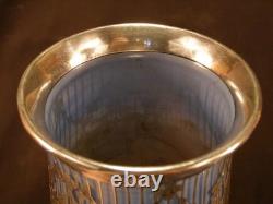 BIG Antique Heisey Blue Sterling Overlay Decorated Cut Etched Glass Flower Vase