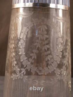 BIG Antique Heisey Blue Sterling Overlay Decorated Cut Etched Glass Flower Vase