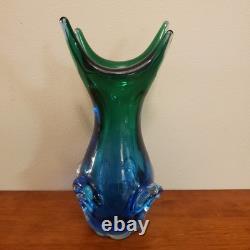 BIG MURANO SOMMERSO GLASS VASE SEGUSO LABEL. Blue/ Green 11 Inch RARE ITALY