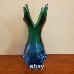 BIG MURANO SOMMERSO GLASS VASE SEGUSO LABEL. Blue/ Green 11 Inch RARE ITALY