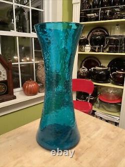 BLENKO 5519L 16.5 Blue/Green Crackle Wheat Sheaf Or Hourglass Shape Tall Vase