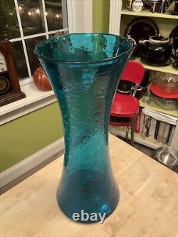 BLENKO 5519L 16.5 Blue/Green Crackle Wheat Sheaf Or Hourglass Shape Tall Vase